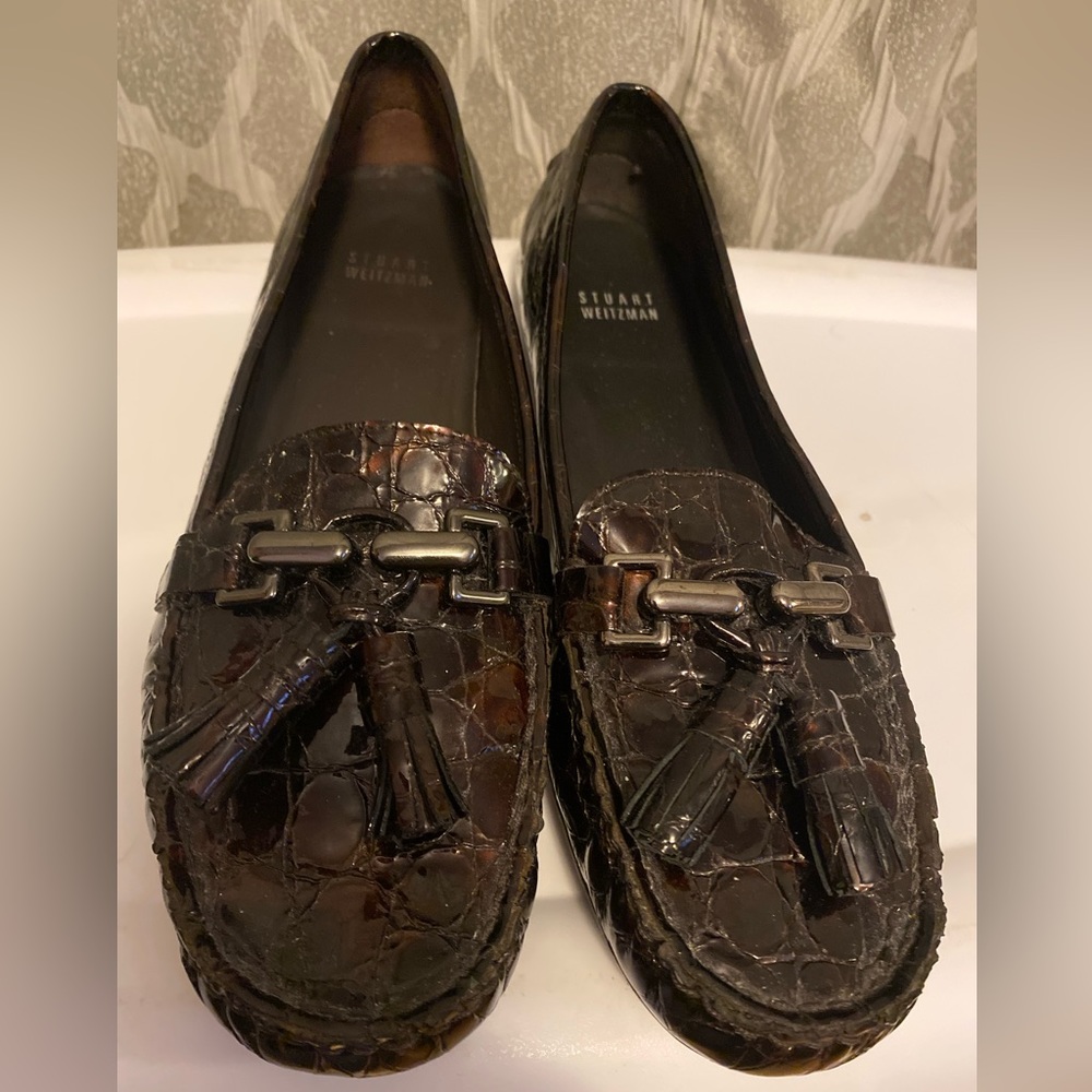 Stuart Weitzman Brown Tortoise Patent Leather Driving Flats Shoes Women's 9.5